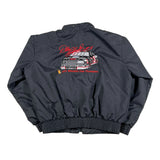 Dark gray jacket with red and white graphic design on a white background