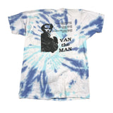 Tie-dye t-shirt with a graphic of a man and text on a plain background