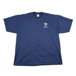 Blue t-shirt with a small white logo on a white background