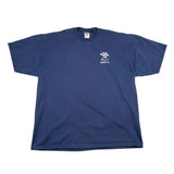 Blue t-shirt with a small white logo on a white background