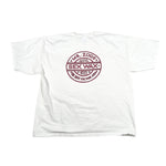 White t-shirt with red logo on a white background