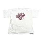 White t-shirt with red logo on a white background