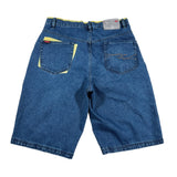Blue denim shorts with a visible brand label on a white background