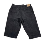 Black denim shorts on a white background