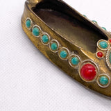 Vintage 70s Turkish Jeweled Brass Slipper Shoe Ashtray