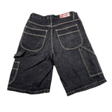 Black denim shorts with multiple pockets on a white background