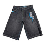 Denim shorts with decorative patch on a white background