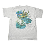 A light heather gray short-sleeve t-shirt laid flat on a light background, showing a large colorful graphic on the back featuring a sailboat, a lobster, a bottle, and nautical text.