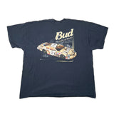 A faded black short-sleeve t-shirt featuring a vintage Budweiser race car graphic and the text 'Bud' on the front, laid flat on a white surface.