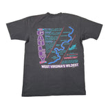 A dark charcoal gray graphic t-shirt laid flat on a white surface. The shirt features a large vintage-style map graphic of 'Gailey' in West Virginia, with a winding blue river, various labeled trails, and text reading 'WEST VIRGINIA'S WILDEST'.