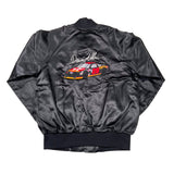 Black satin jacket with embroidered car design and text on a white background