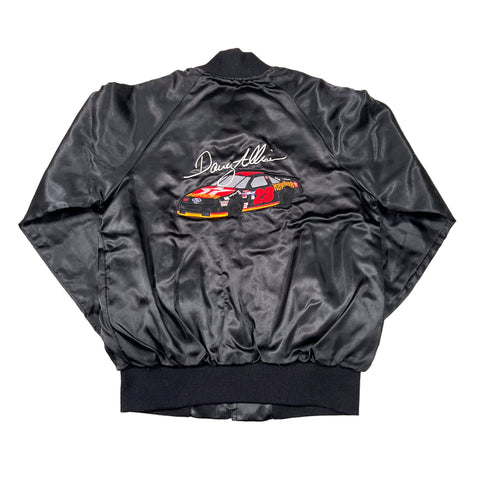 Black satin jacket with embroidered car design and text on a white background