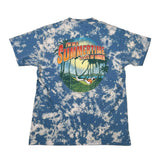 A blue and white tie-dye t-shirt laid flat on a white background, featuring a large graphic print on the back with the text 'I'm In A Summertime State of Mind' and a tropical beach scene.