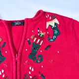 Vintage 90’s Red Stockings Holiday Sequin Zip Cardigan Sweater