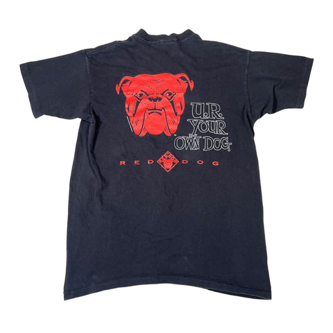 Black t-shirt with red bulldog graphic and text on a white background