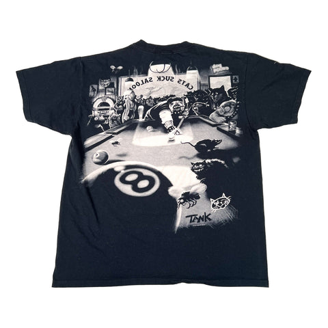 Black t-shirt with a graphic design of a pool table and 'Tank' branding on a white background