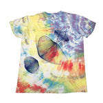 Tie-dye t-shirt with abstract designs on a white background