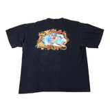 Black t-shirt with colorful graphic design on a white background