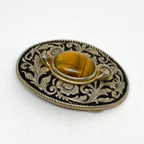 Vintage 90's Oval Silver Floral Tiger’s Eye Stone Belt Buckle