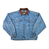 A blue denim jacket with a brown corduroy collar, laid flat on a white background.
