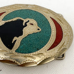 Vintage 70's Buffalo & Turquoise Enamel Western Belt Buckle