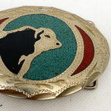 Vintage 70's Buffalo & Turquoise Enamel Western Belt Buckle