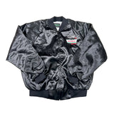 A black satin bomber jacket with a small embroidered logo on the left chest, laid flat on a white background.