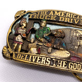 Vintage 1986 American Truck Driver "Delivers the Goods" Brass Belt Buckle