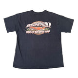 Black t-shirt with Roadrunner Harley Davidson Shop logo on a white background