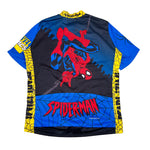 Spider-Man themed shirt with blue, red, and yellow colors on a white background