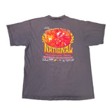 Gray t-shirt with a colorful graphic on the back, laid flat on a white surface.