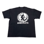 Black t-shirt with white graphic and text on a white background