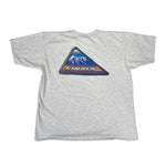 Gray t-shirt with a logo on the back, placed on a white surface.