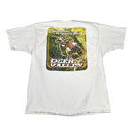 White t-shirt with a graphic design on the chest on a white background
