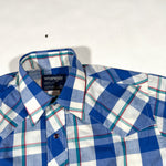 Vintage 80’s Wrangler Cowboy Cut Deadstock Blue Plaid Pearl Snap Shirt