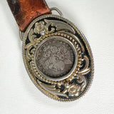 Vintage 80's Morgan Silver Dollar Western Tooled "William" Leather Belt