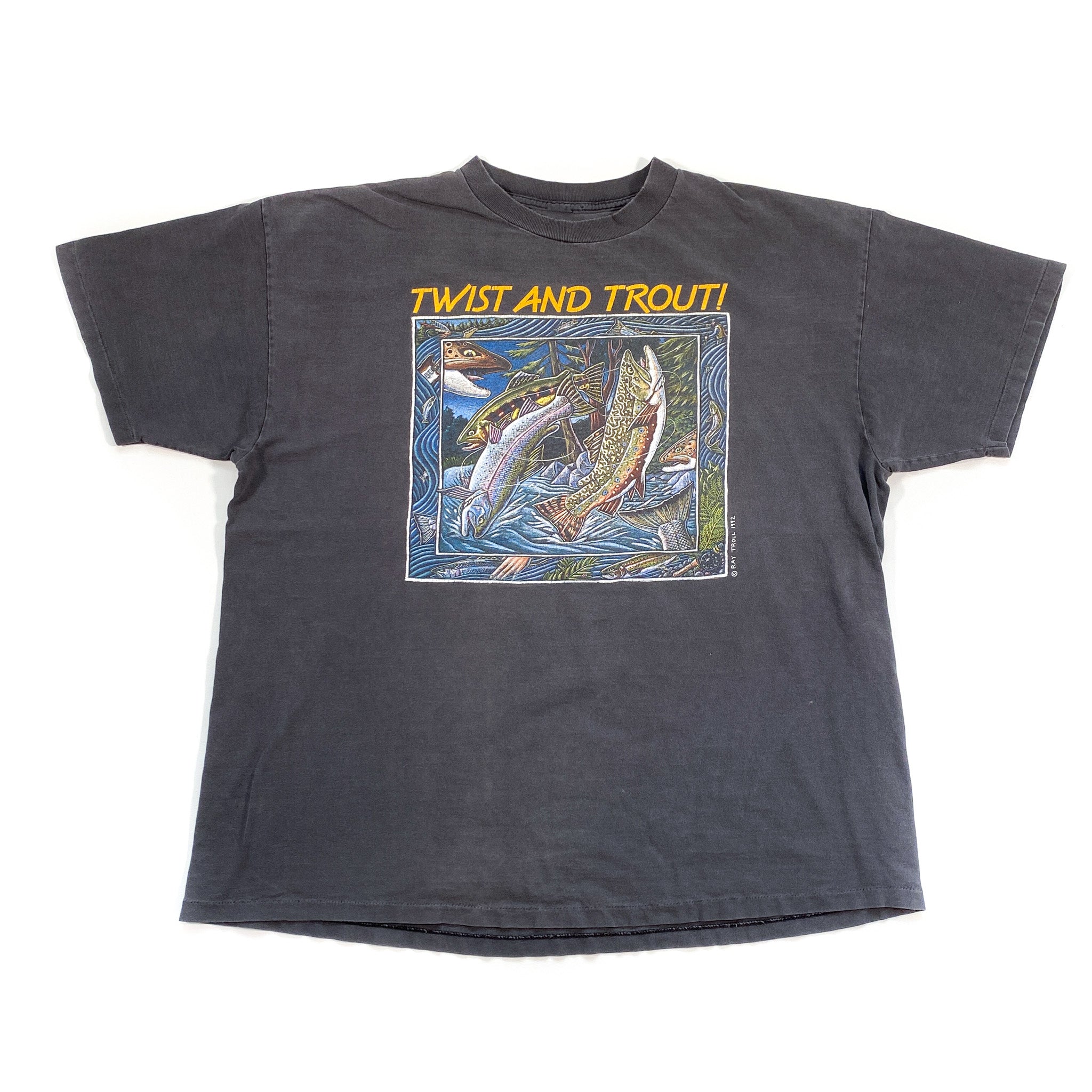 RAY TROLL 92 TWIST AND TROUT ヴィンテージT XL Vintage 1992 Oneita Ray Troll Twist and Trout! Cutoff Tshirt
