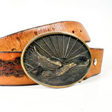 Vintage 70's Tooled Floral Brown Eagle Buckle Leather Belt