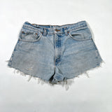 Light wash blue denim shorts with a raw, frayed hem and distressed details, laid flat on a white background.