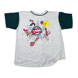 A heather gray and dark green raglan baseball t-shirt featuring a colorful retro graphic of Looney Tunes characters inside a star with the text 'All Star'.
