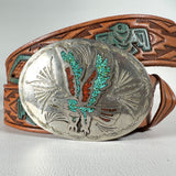 Vintage 80's Sears Western Eagle Nickel Silver Tooled Leather Belt
