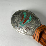 Vintage 80's Sears Western Eagle Nickel Silver Tooled Leather Belt