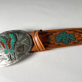 Vintage 80's Sears Western Eagle Nickel Silver Tooled Leather Belt