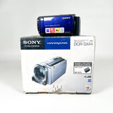 Sony Handycam DCR-SX44 video camera shown on top of its original retail box against a plain white background.