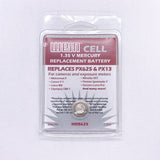 A 1.35V mercury replacement battery in its original clear plastic blister packaging, featuring a white and dark red label with text for Wein Cell brand.