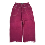 Maroon jeans with a brand logo on a white background