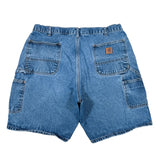 Blue denim shorts with a brand logo on a white background
