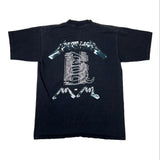 Black t-shirt with white graphic design on a white background