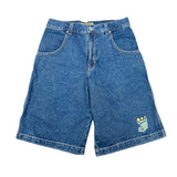 Blue denim shorts with a small graphic on a white background