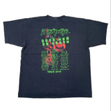 Black t-shirt with colorful graphic and text on a white background